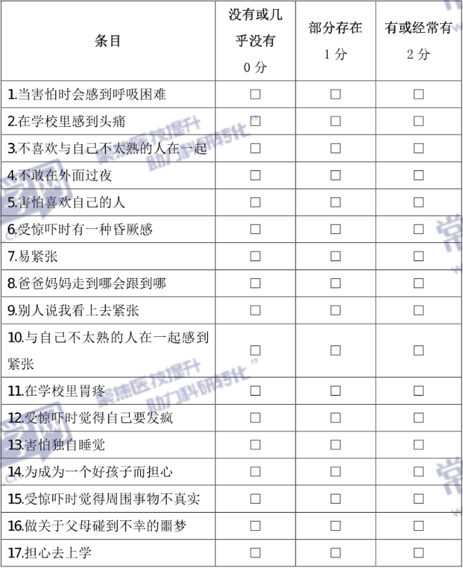 儿科常用评估量表_儿童社交焦虑量表_儿童社交焦虑量表