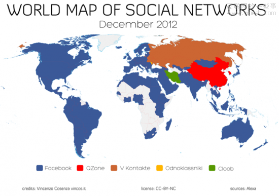 全球社交网站版图：Facebook统治127个国家